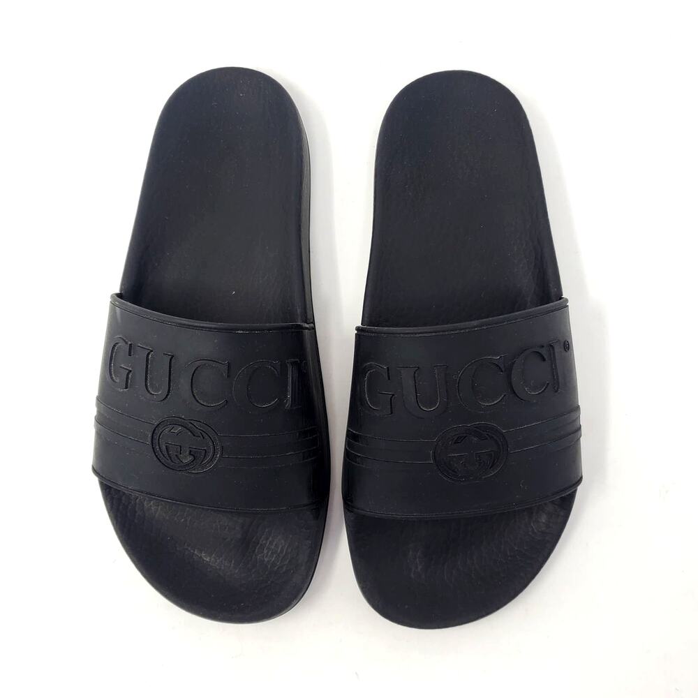 Gucci Womens Logo Rubber Slides Sandals Slip On Black Italy Size 38 / US 8